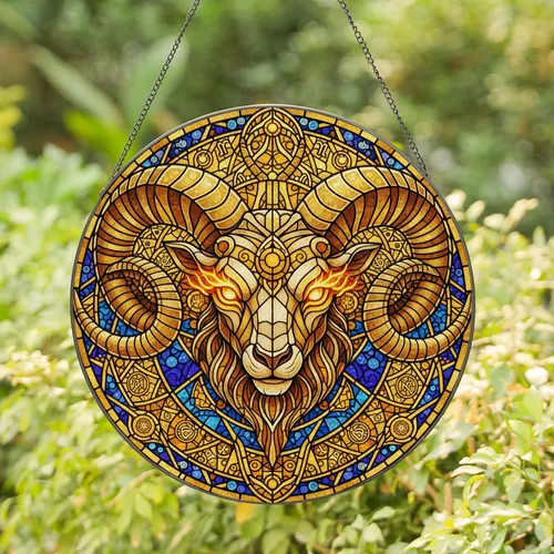 Stylized Ram Head Stained Glass Art - Tiffany Style Jewel Tones Celestial Geometric Mosaic Stained Glass Suncatcher