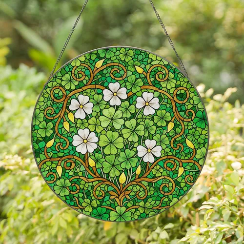 Four Leaf Clover Stained Glass Botanical Mosaic - Tiffany Style Floral Art Nature Decor Gift Stained Glass Suncatcher