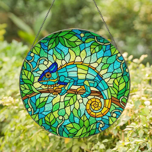 Vibrant Chameleon Stained Glass Tiffany Jewel Tone Leaves Branch Detailed Organic Mosaic Stained Glass Suncatcher