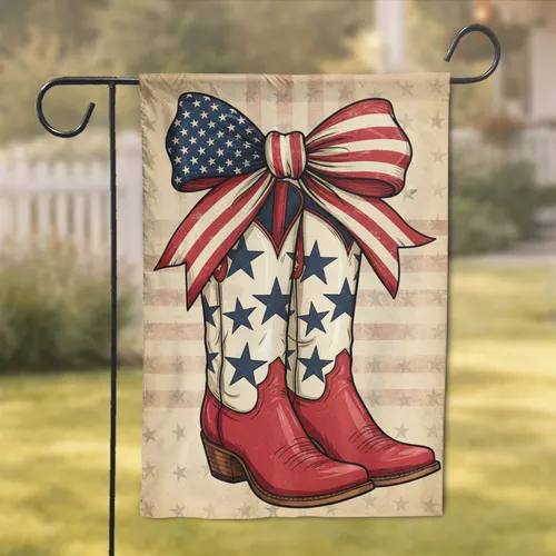 Distressed Cowboy Boots American Flag Bow Stars - Vintage Americana Patriotic Art Garden Flag