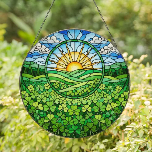 Four Leaf Clover Rolling Hills Stained Glass Art - Golden Sun Tiffany Style Nature Decor Stained Glass Suncatcher