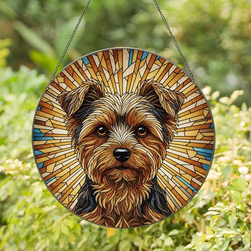 Yorkshire Terrier Dog Portrait Stained Glass Art Radiant Sun Ray Mosaic Jewel Tones Stained Glass Suncatcher