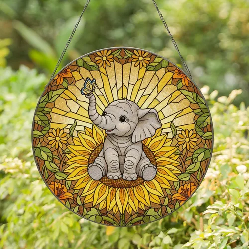 Stained Glass Baby Elephant Butterfly Sunflower Intricate Meadow Scene Glowing Tiffany Stained Glass Suncatcher