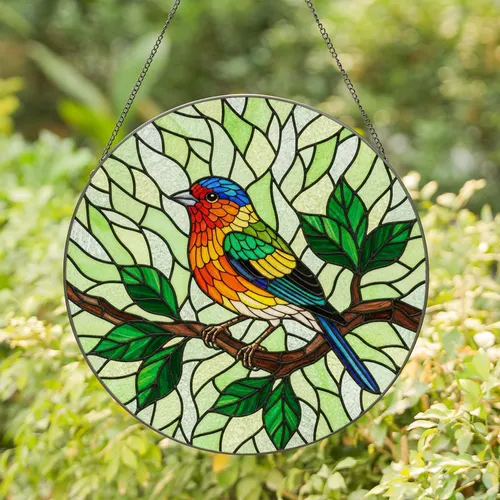 Stained Glass Colorful Bird on Branch - Tiffany Style Jewel Tone Mosaic Passerine Art Stained Glass Suncatcher