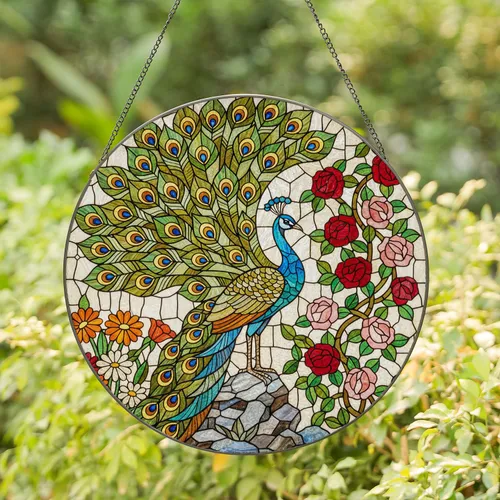 Majestic Peacock Stained Glass Art with Roses, Daisies - Tiffany Style Jewel Tone Mosaic Glass Stained Glass Suncatcher