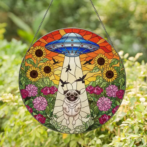 Pug Dog UFO Abduction Tiffany Stained Glass Garden Flowers Sunflowers Roses Home Decor Gift Stained Glass Suncatcher