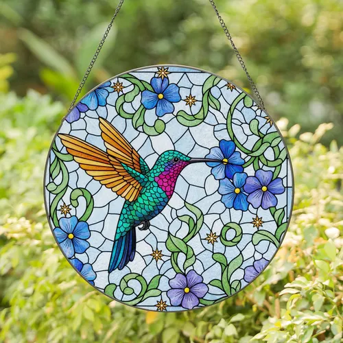 Vibrant Hummingbird Stained Glass Mosaic with Blue Purple Flowers - Tiffany Art Nature Gift Stained Glass Suncatcher