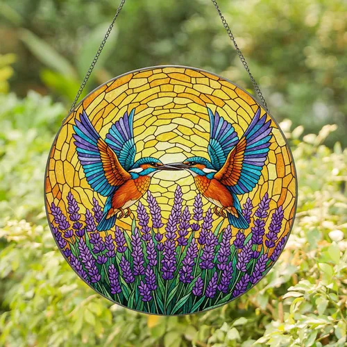 Iridescent Kingfisher Birds Stained Glass - Purple Lavender Flowers Mosaic Tiffany Style Stained Glass Suncatcher
