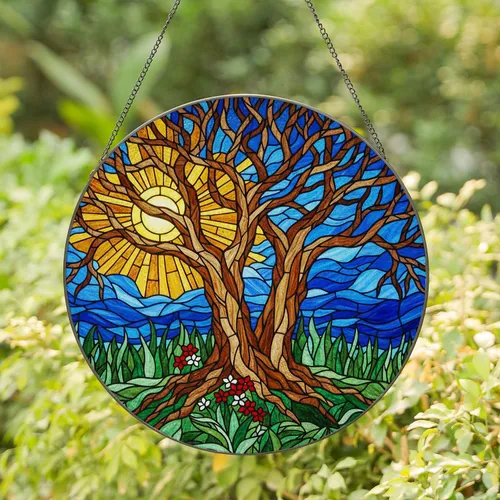 Stained Glass Gnarled Trees Golden Sun Mosaic Sky Flowers - Nature Home Decor Gift Stained Glass Suncatcher