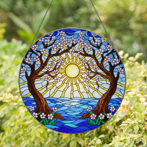 Gnarled Trees Pink Blossoms Radiant Sun Water Waves Tiffany Stained Glass Art Mosaic Stained Glass Suncatcher