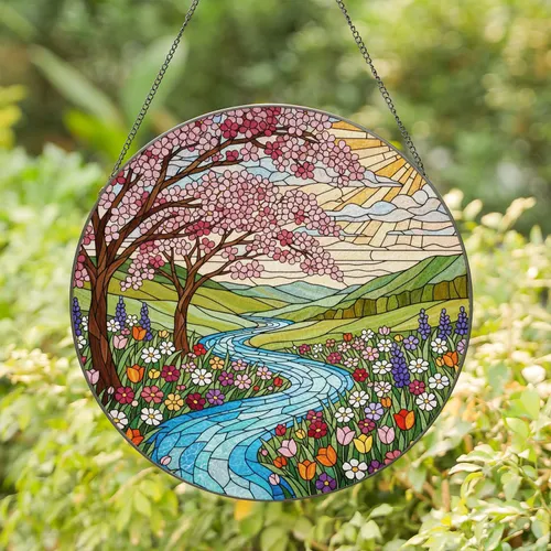 Stained Glass River Cherry Blossom Wildflower Mosaic Landscape Art - Tiffany Style Jewel Tones Stained Glass Suncatcher