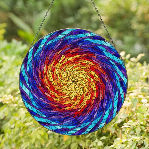 Stained Glass Mosaic Spiral Pattern Tiffany Style Jewel Tones - Detailed Edge-to-Edge Art Stained Glass Suncatcher