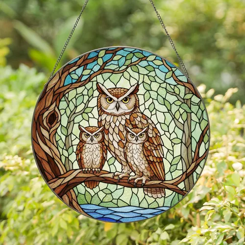 Intricate Tiffany Stained Glass Owl Family Forest Mosaic Art - Jewel Tone Design Stained Glass Suncatcher