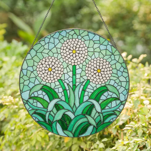 White Flowers Yellow Center Stained Glass Mosaic - Tiffany Style Intricate Floral Art Decor Stained Glass Suncatcher
