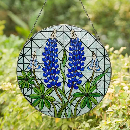 Blue Lupine Flowers Stained Glass Tiffany Style Mosaic Art - Botanical Jewel Tones Stained Glass Suncatcher