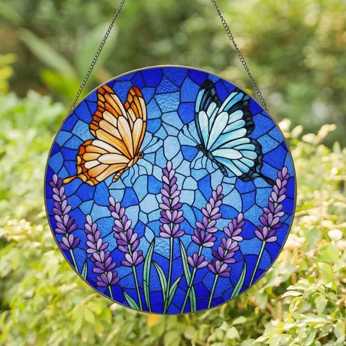 Two Butterflies Lavender Flowers Tiffany Glass Mosaic Art - Translucent Jewel Tones Stained Glass Suncatcher