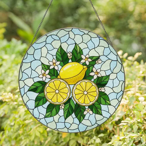 Tiffany Style Stained Glass Lemon Slices & Blossoms - Intricate Mosaic Sky Pattern Stained Glass Suncatcher