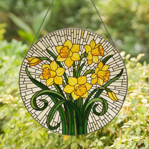 Tiffany Style Stained Glass Daffodil Flowers - Intricate Floral Mosaic Art Glowing Jewel Tones Stained Glass Suncatcher