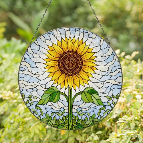 Vibrant Yellow Sunflower Stained Glass with Green Leaves & Mosaic Sky Window Decor Stained Glass Suncatcher