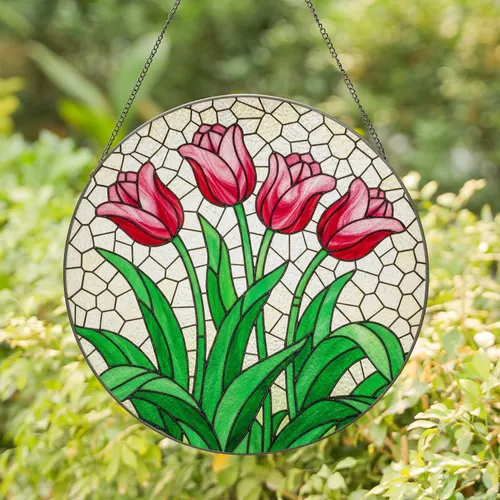 Tiffany Stained Glass Red Pink Tulips - Mosaic Background Floral Window Art Decor Stained Glass Suncatcher