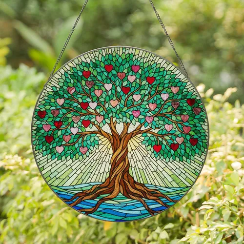 Tree of Life Stained Glass Tiffany Style Heart Fruits Intricate Mosaic Window Art Stained Glass Suncatcher