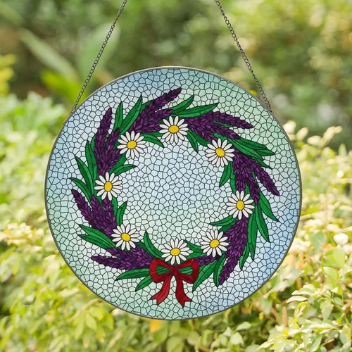 Lavender Daisy Wreath Stained Glass Mosaic - Tiffany Style Floral Art with Emerald Leaves & Red Bow Stained Glass Suncatcher