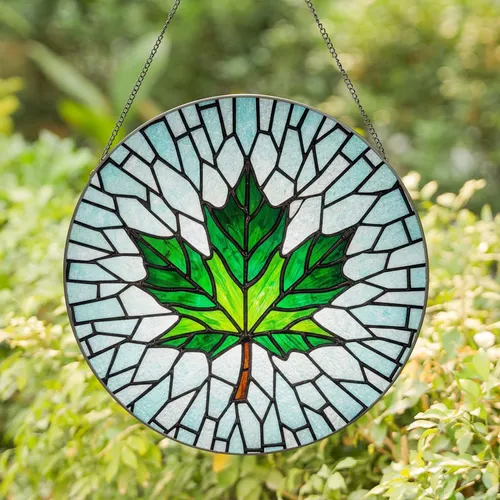 Tiffany Style Stained Glass Maple Leaf Mosaic - High Contrast Intricate Pattern Jewel Tones Stained Glass Suncatcher
