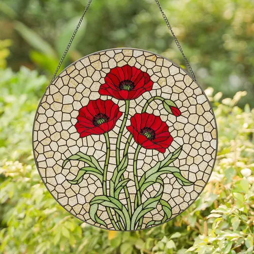 Red Poppy Flowers Stained Glass Mosaic Art - Tiffany Style Glowing Jewel Tone Floral Stained Glass Suncatcher