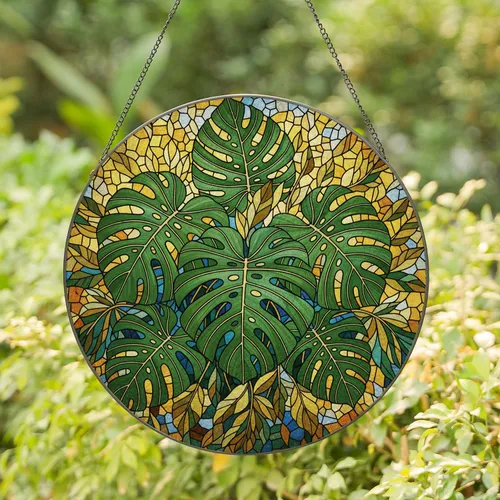 Monstera Deliciosa Leaves Stained Glass Tiffany Style Intricate Fenestrated Mosaic Translucent Glass Stained Glass Suncatcher