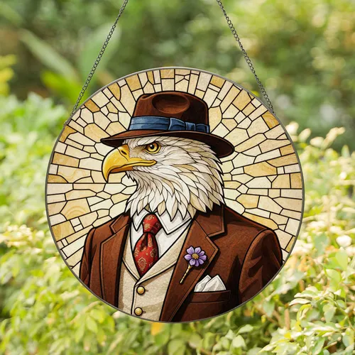 Bald Eagle Fedora Suit Stained Glass Mosaic Art - Elegant Gentleman Wildlife Home Decor Stained Glass Suncatcher
