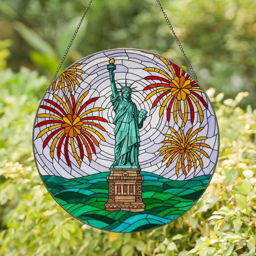 Statue of Liberty Fireworks Stained Glass Mosaic Waves Sky Art - Tiffany Style American Patriotism Stained Glass Suncatcher