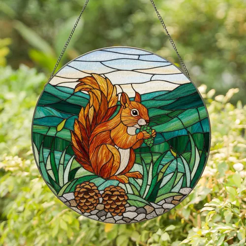 Red Squirrel Pine Cone Natural Landscape - Colorful Stained Glass Forest Animal Design Stained Glass Suncatcher