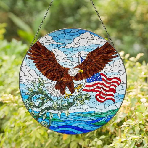 Bald Eagle American Flag Soaring Art - Patriotic Home Decor Gift for Fathers Day Stained Glass Suncatcher