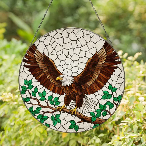 Bald Eagle Spread Wings Stained Glass Art - Tiffany Style Jewel Tone Mosaic Tree Decor Stained Glass Suncatcher