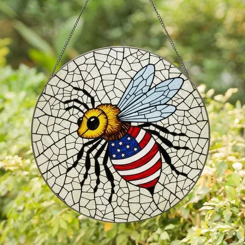 Patriotic Honeybee American Flag Stained Glass - Tiffany Mosaic Jewel Tones Art Stained Glass Suncatcher