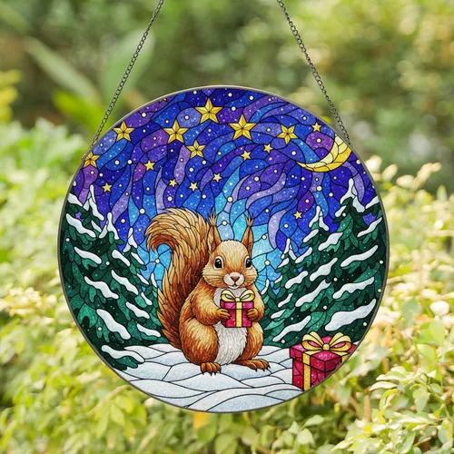 Fluffy Squirrel Gift Box Stained Glass - Winter Forest Night Sky Christmas Holiday Decor Stained Glass Suncatcher