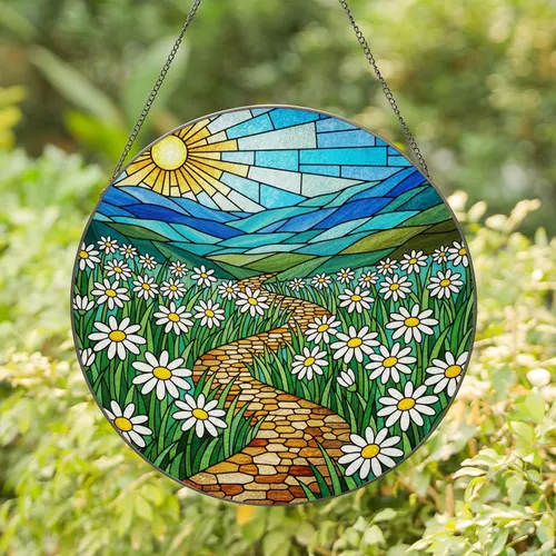 Winding Path Daisy Field Radiant Sun Stained Glass Tiffany Mosaic Art Scenic Hills Stained Glass Suncatcher