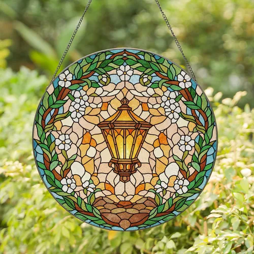 Tiffany Style Vintage Lantern Stained Glass - Glowing Light Sky Mosaic & Green Foliage Stained Glass Suncatcher