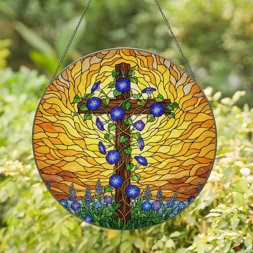Stained Glass Wooden Cross Morning Glory Wildflowers Sunrise Sunset Sky Art Stained Glass Suncatcher
