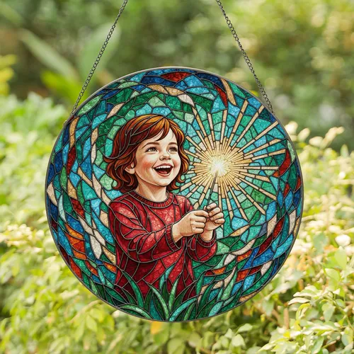 Laughing Child Sparkler Stained Glass Mosaic Art - Jewel Tone Translucent Home Decor Stained Glass Suncatcher