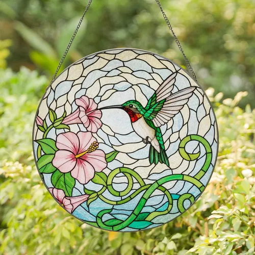 Tiffany Stained Glass Ruby Hummingbird Trumpet Vine Hibiscus Flower Mosaic Window Decor Stained Glass Suncatcher