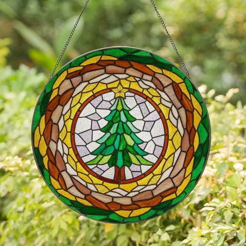 Tiffany Style Stained Glass Christmas Tree Golden Star - Jewel Tone Mosaic Holiday Decor Stained Glass Suncatcher