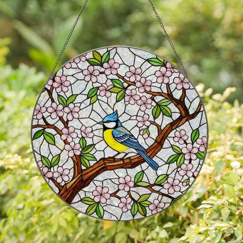 Vibrant Yellow Blue Bird Cherry Blossom Stained Glass Art - Tiffany Style Mosaic Jewel Tones Stained Glass Suncatcher