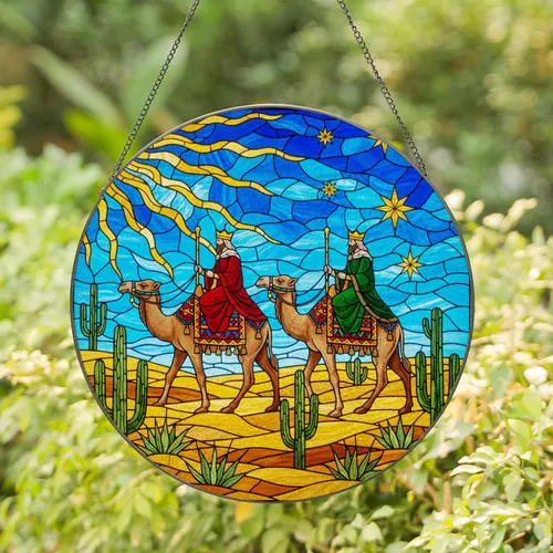 Stained Glass Two Kings Camel Desert Landscape Art Golden Sun Stars Tiffany Style Stained Glass Suncatcher