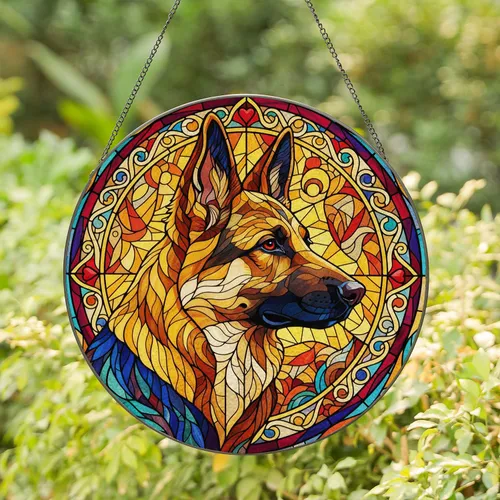 Majestic German Shepherd Profile Stained Glass Tiffany Style Colorful Intricate Mosaic Stained Glass Suncatcher