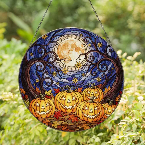 Tiffany Stained Glass Jack-o'-Lanterns Gnarly Branches Mosaic Full Moon Halloween Decor Stained Glass Suncatcher