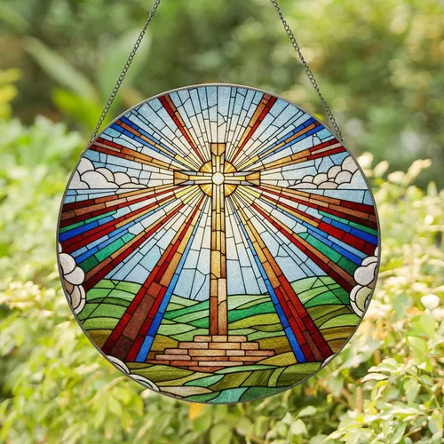 Radiant Christian Cross Stained Glass Mosaic Art - Glowing Tiffany Style Jewel Tones Rays Stained Glass Suncatcher