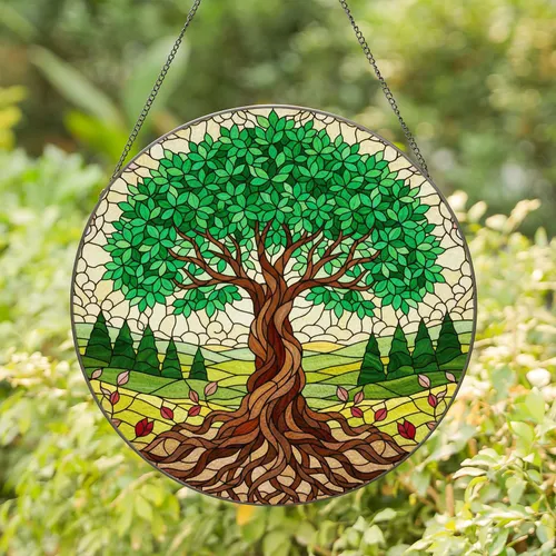Tree of Life Stained Glass Mosaic Landscape Evergreen Pink Blossoms Colorful Intricate Stained Glass Suncatcher