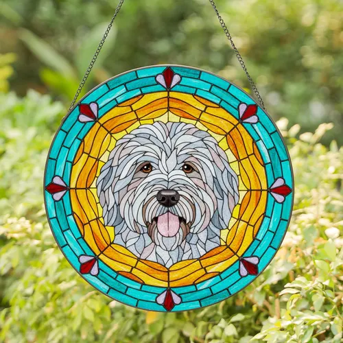 Shaggy Old English Sheepdog Stained Glass Art with Halo, Teal Ruby Ornate Border Dog Lover Gift Stained Glass Suncatcher