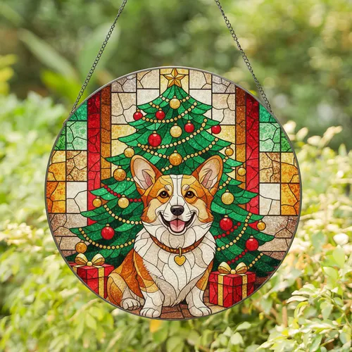 Corgi Dog Christmas Tree & Presents Tiffany Stained Glass - Christmas Gift for Corgi Owners Stained Glass Suncatcher